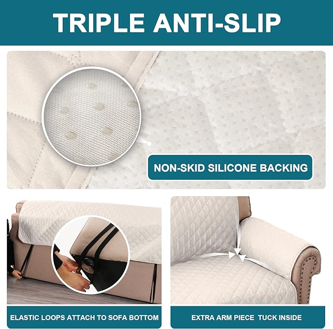 Turquoize 100% Waterproof Couch Cover Sofa Covers for 2 Cushion Couch Loveseat Covers Triple Non-Slip Couch Cover for Dogs Washable Furniture Protector Cover for Pets, Kids,Dog (Loveseat 54", Ivory) - Image 4