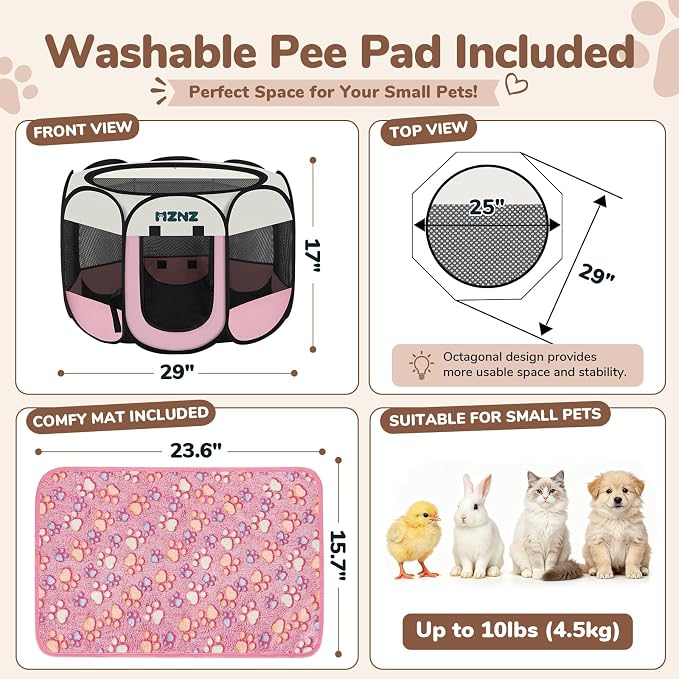 Dog Cat Small Animal Puppy Playpen Crate with 3 Blankets, Small, Pink | Portable Pop Up Pet Cage Enclosure Tent Kennel Indoor Outdoor with Carrying Case, No Assembly, Camping Use - Image 2