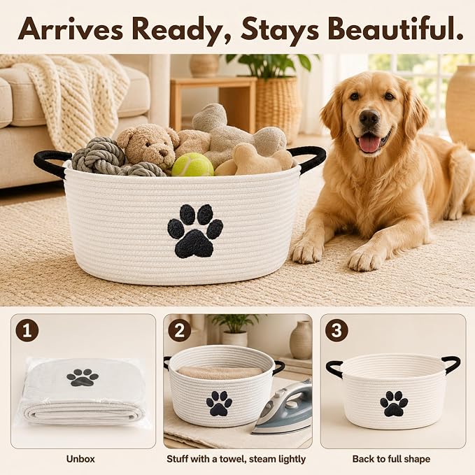 Dog Toy Basket with Handles, Cotton Rope Storage Bin Organizer for Pets | Holds toys, blankets, leashes & dog stuff. Spot clean, collapsible, free-standing woven bin with embroidered paw. - Image 7