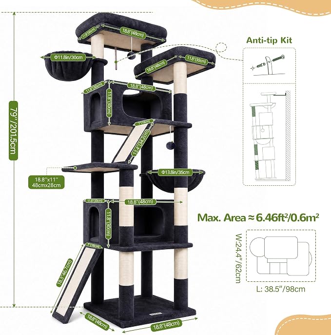 Globlazer 79in Heavy Duty Cat Tree for Large Cats, S79, Beige | Tall Cat Tower with 6 Scratching Posts, Cat tree for Indoor Cats Large Adult with 2 Perches, 2 Baskets, 2 Spacious Caves - Image 7