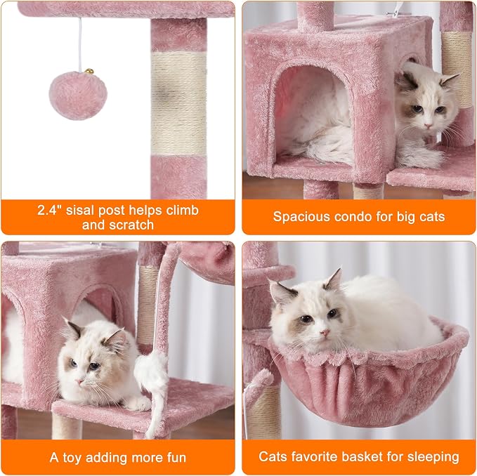 Heybly Cat Tree with Toy, 43.3 inch Cat Tower condo for Indoor Cats, Cat House with Padded Plush Perch, Cozy Hammock and Sisal Scratching Posts, Skin Pink HCT004SP - Image 6
