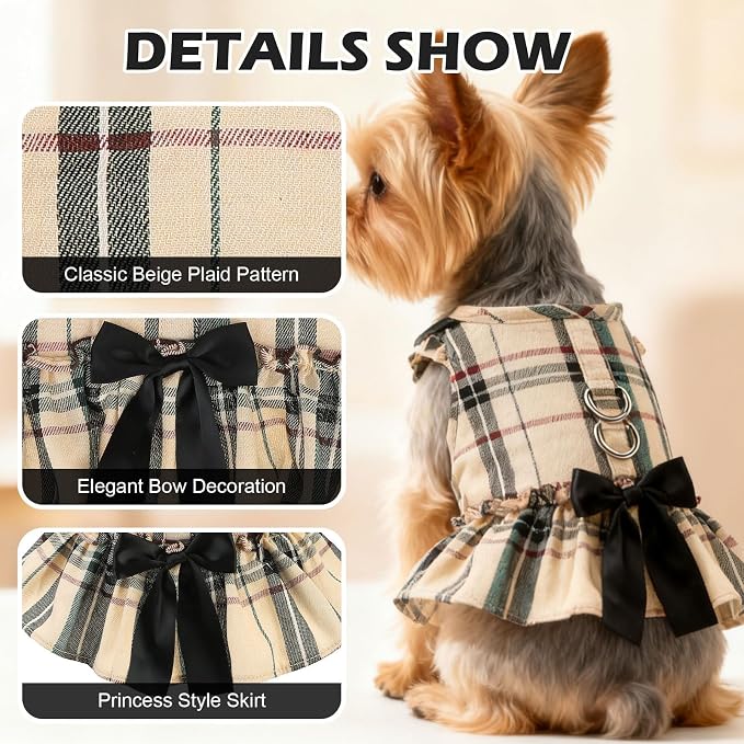 EXPAWLORER Dog Harness Small Medium Sized Dogs, No Choke No Pull Mesh Vest | Plaid Dog Dress Bowknot Harness and Leash Set Soft Cute Princess Puppy Outfits Clothes Costume for Girls Party Cats Beige S - Image 2
