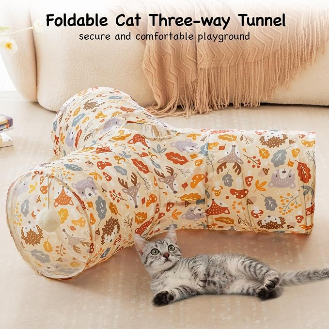 Tempcore Cat Tunnel for Indoor Cats, 3 Way Collapsible Pet Play Tunnel with Teaser Wand, Peek Holes & Hanging Ball, Interactive Tube for Kittens & Rabbits, Beige Deer - Image 3