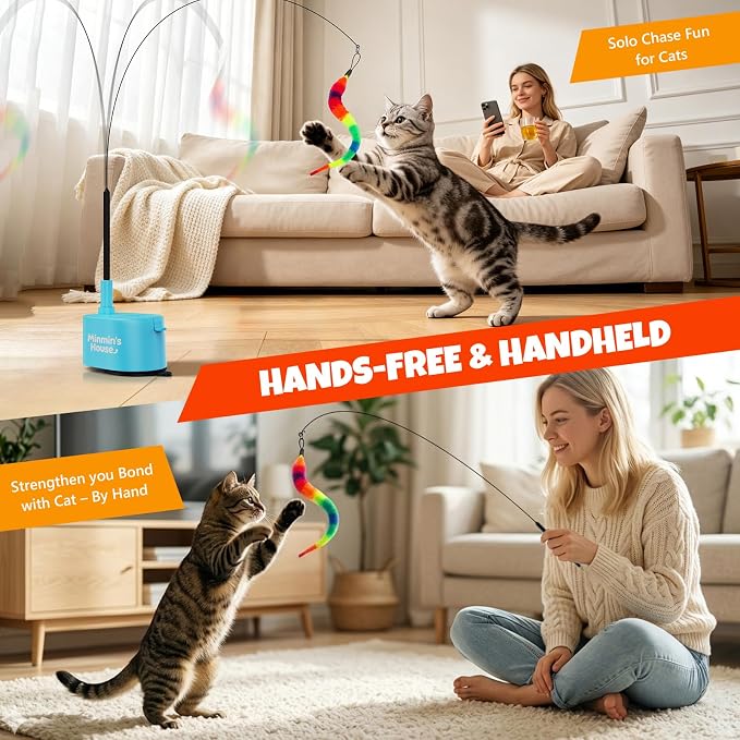 Interactive Cat Toys For Indoor Cats, 360° Flying Automatic Cat Toy, Blue | Rechargeable, Strong Suction Base, Self-Play & Handheld, Electric Spin Game Enrichment Toy, Long Kitty Wand for Bored Cats - Image 3