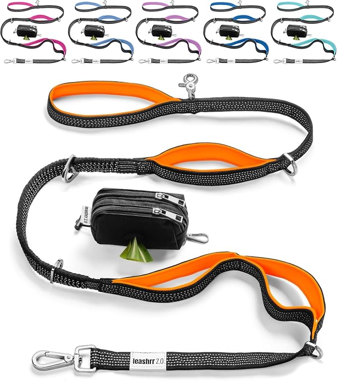 Heavy Duty Dog Leash for Large Dogs – 6FT Reflective Bungee with Padded Handles, Strong Carabiner Clip, No Pull Control for Medium & Large Breeds, Includes Poop Bag Holder & Treat Pouch (Orange) by Leashrr20