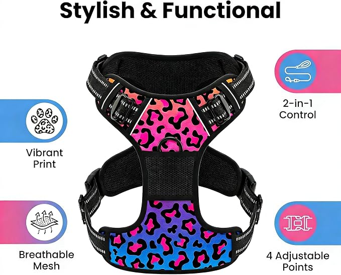 Rnivvi No Pull Dog Harness, Cute Leopard Reflective Medium Sized Puppy Kitten Harness, Adjustable Soft Padded Vest for Medium Dogs, Heavy Duty Pet Vest with Easy Control Handle for Walking, Neon - Image 3