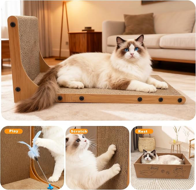 Goosheep Cat Scratching Post, 3-in1 Cat Scratcher for Indoor Cats, 2PK 22in L-Shaped Scratching Board with 1PK Cardboard Box Scratch Pad, Cats Scratch Furniture Protector with Feathered Toy - Image 4