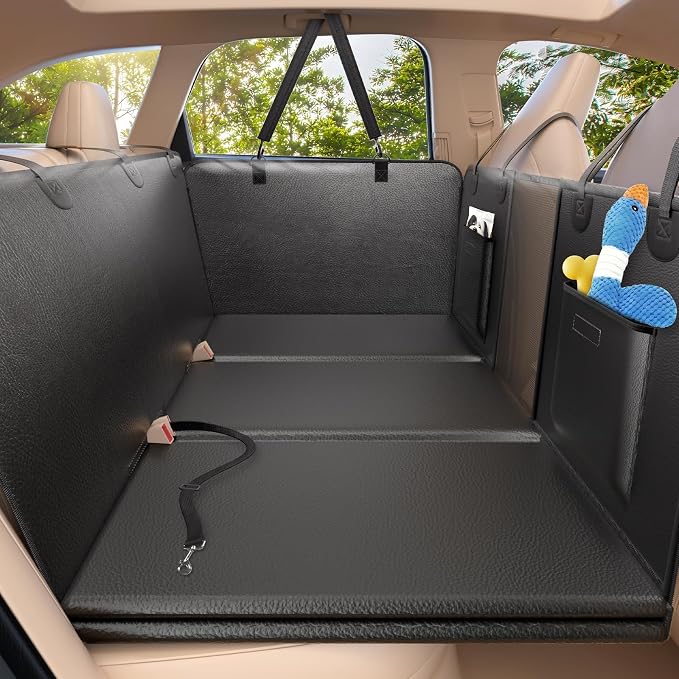 Dog Car Seat Cover for Back Seat, Hard Bottom, PU Leather Extender | Anti Scratch Backseat Dog Hammock for Cars, SUVs, Sedan, Waterproof, Pet Travel Bed, Easy to Clean, Non-Slip, Supports 420lbs by ROUWINNE