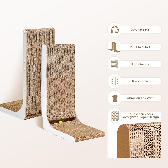 EHEYCIGA Cardboard Cat Scratcher for Indoor Cats, 32 Inch, White | L Shaped Scratching Post, Vertical Cat Scratching Board with Ball Cat Toy, Furniture Protector, Extra Large Cat Scratch Pad - Image 2