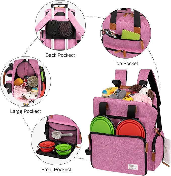 Modoker Dog Travel Backpack Set with 2 Food Bags, 2 Bowls and 1 Mat, Pink | Water-Resistant Oxford Fabric | Roomy Main Compartment | Multiple Functional Pockets | Stroller Strap | Leak-Resistant Lining - Image 3