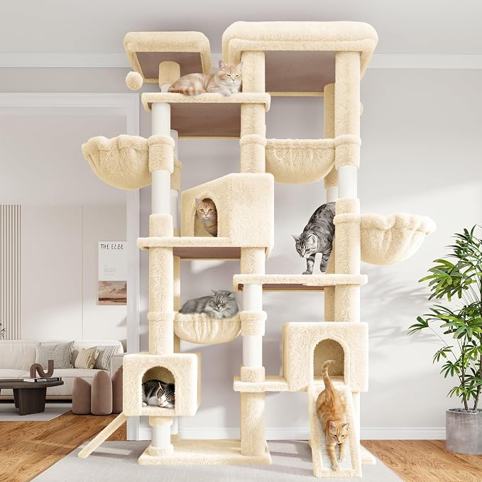Sha Cerlin 87 in Multi-Level Tall Cat Tree Tower for Large Cats/Extra Wide Feline Activity Center/Sisal Scratching Posts/Wide Base/Cozy Plush Perches/Baskets/Hammocks/Toy Balls/Beige - Image 2