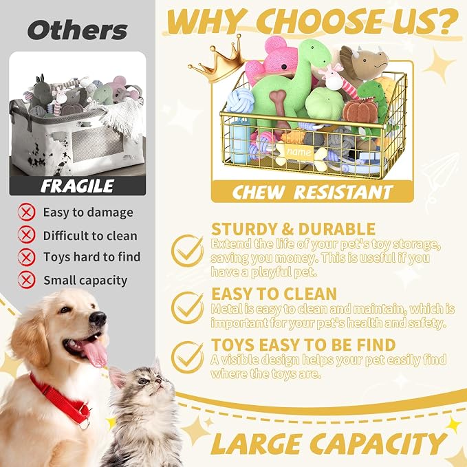 Kaiferty Indestructible Dog Toy basket, Small Toy Box for Dogs, Pet Toy Bin Dog Metal Basket for Toys, Toy Storage Organizer, Cat Toy Box for Living Room Area(Gold) - Image 2