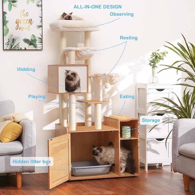 Hey-brother Cat Tree Tower, Wooden Litter Box Enclosure and Condo, MPJ115WB | 61.02 Inches Modern Cat Furniture with Large Platform, Scratching Posts, 2 Hammocks, All-in-one for Indoor Cats, Rustic Brown - Image 2