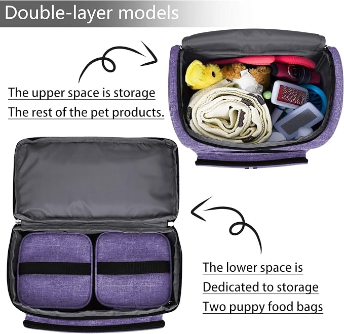 BAGLHER Pet Travel Bag, Double-Layer Pet Supplies Backpack (for All Pet Travel Supplies), Pet Travel Backpack with 2 Silicone Collapsible Bowls and 2 Food Baskets Purple - Image 6