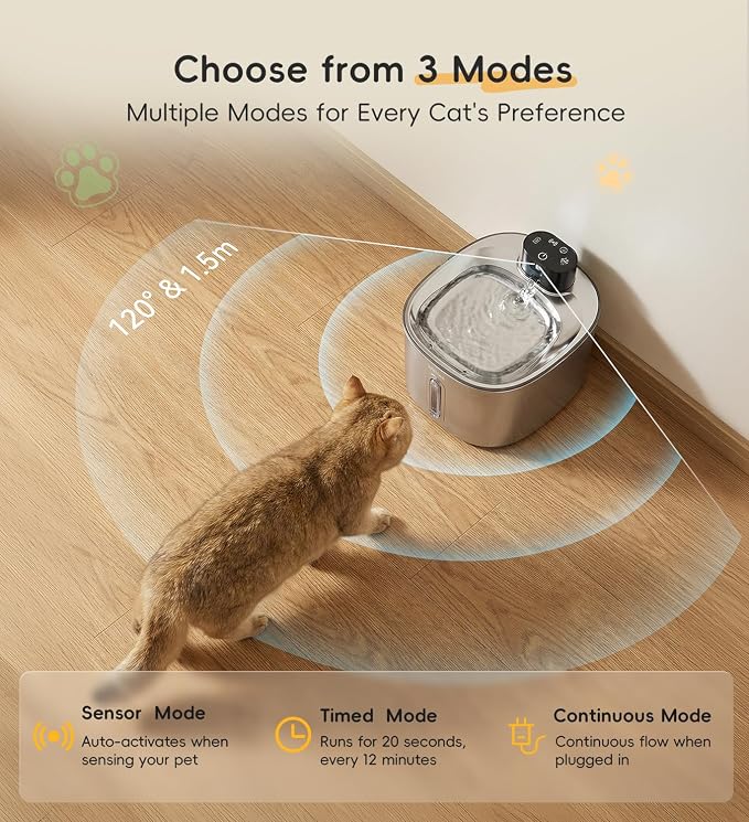 Stainless Steel Cat Water Fountain, 152fl.oz / 4.5L Cordless Cat Fountain | Wireless Pet Fountain; 5000mAh Battery; Indoor; Triple Water Modes; 25 dB Ultra-Quiet - Image 3