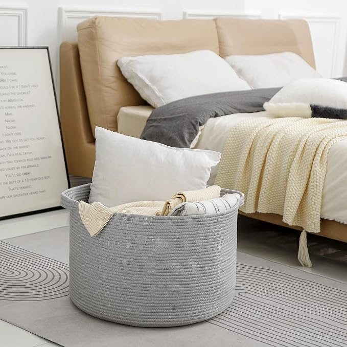 MEGASKET Extra Large Grey Storage Basket, 22" X 22" X 14" XXXL Blanket Basket for Living Room, Gray Wicker Woven Cotton Rope Baskets for Storage, Kids Toy Baskets Bins, Decorative Pillow Towel Basket - Image 5