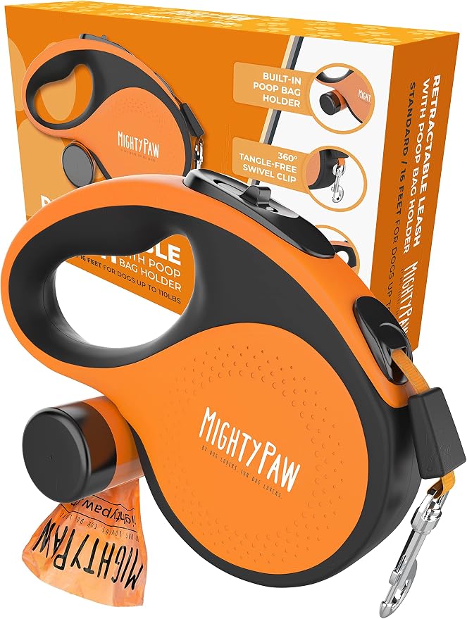 Mighty Paw Retractable Dog Leash with Poop Bag Holder, 16 Ft | Quick-Lock Brake, For Pets Up To 50 Lbs, Stainless Steel Coil, Reflective Nylon Tape, Tangle-Free Swivel Clip by MightyPaw