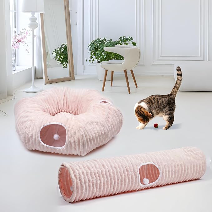 Luxurious Cat Tunnel,43" Straight Cat Tunnel Toys with Balls for Indoor,Collapsible Peekaboo Cave for Kitten（Pink Stripe） - Image 2
