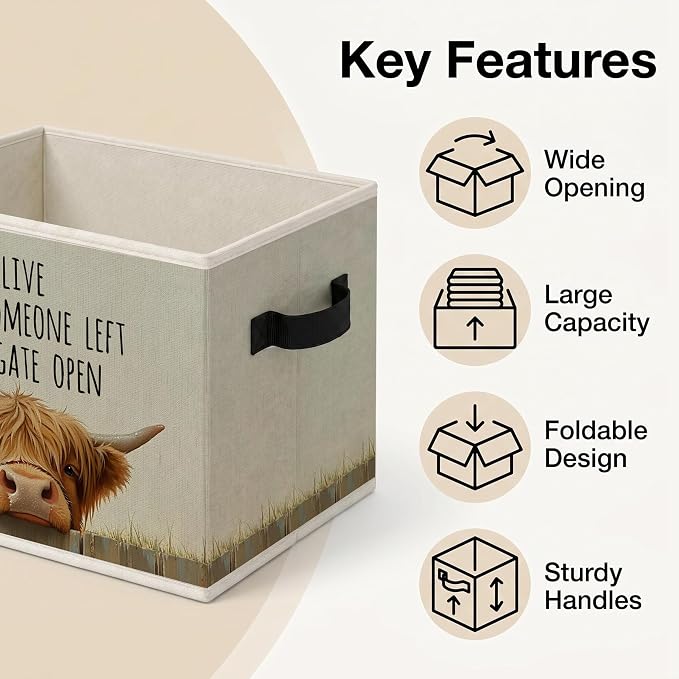 Highland Cow Storage Bins Box with Handles, Inspirational Collapsible Storage Basket, Farmhouse Animal Foldable Basket for Organizing Playroom Nursery Toys Books Clothes - Image 4