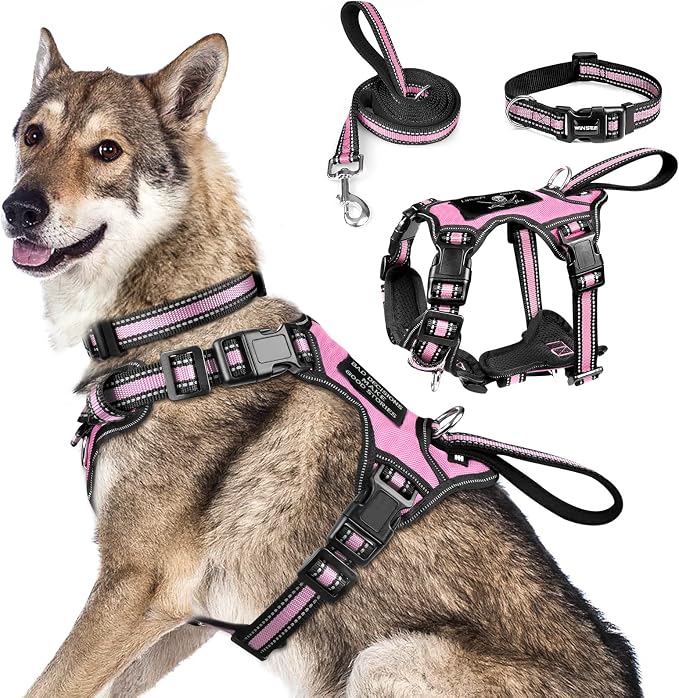 Pet Harness Collar and Leash Set, All-in-one Reflective Dog Harness No Pull with Adjustable Buckles for Puppies, Small, Medium, Large, and Extra-Large Dogs (X-Large, Pink) by WINSEE