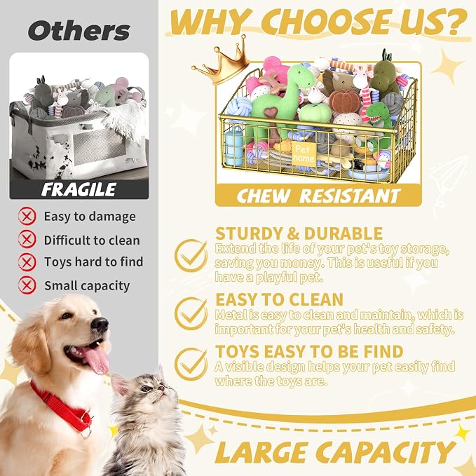 Kaiferty Indestructible Dog Toy basket, Medium Toy Box for Dogs,Pet Toy Bin Dog Metal Basket for Toys, Toy Storage Organizer, Toy Box for Living Room Area (Gold) - Image 2