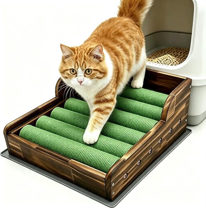 Cat Litter Box Step with Sisal Scratching Post Litter Catcher Mat (Green) | Multi-Purpose Wood Anti-Tracking Cat Scratcher Bed Litter Box Ramp, Fits Standard Cat Litter Boxes by Unknown