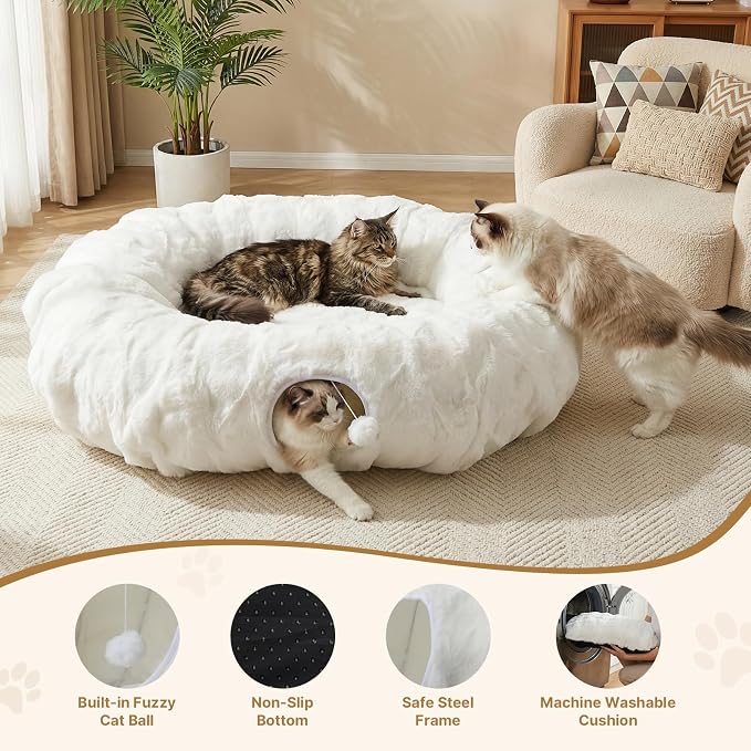 Extra Large Cat Tunnel, 47.2in Luxury Tunnel for Large Cats | Extra Long Bubble Fleece Big Cat Tunnel with Washable Mat, Skin-Friendly Large Tunnel for Cats, Puppy, Rabbits White - Image 6