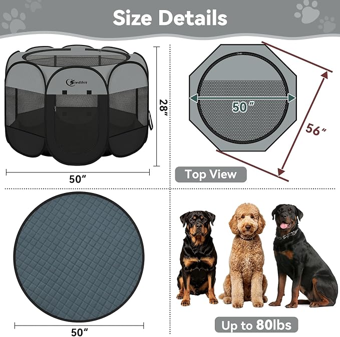 Siedihit Dog Playpen with Washable Pee Pad, Dogs Tent Crate Cage | Indoor/Outdoor, Portable Pop Up Dog Kennel with Carrying Bag for Rabbits (Dark Grey with Pad, Extra Large) - Image 7