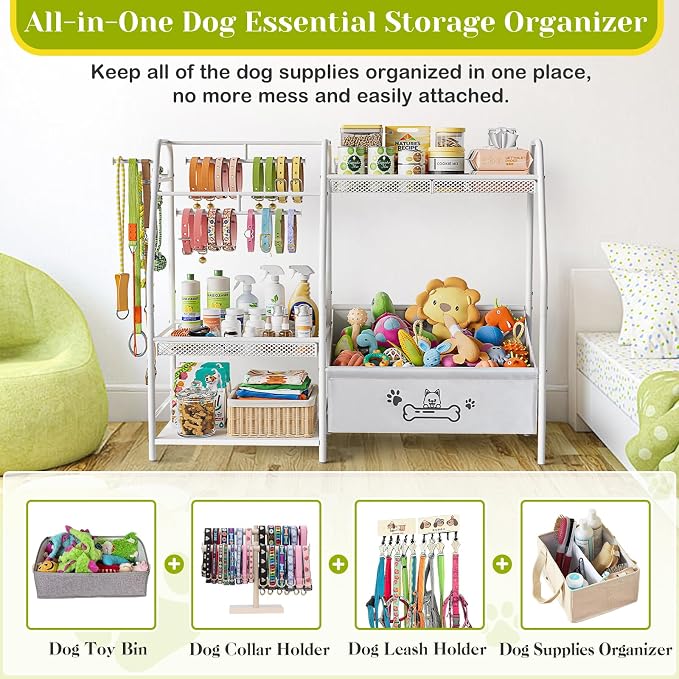 Large Dog Toy Basket with Dog Storage Organizer, Trapezoid Dogs Toy Bin Box with Collar Leash Holder Hook, Toy Holder Chest Pet Storage Cabinet for Living Room, Dogs Essentials for Pet Lovers Gift - Image 3
