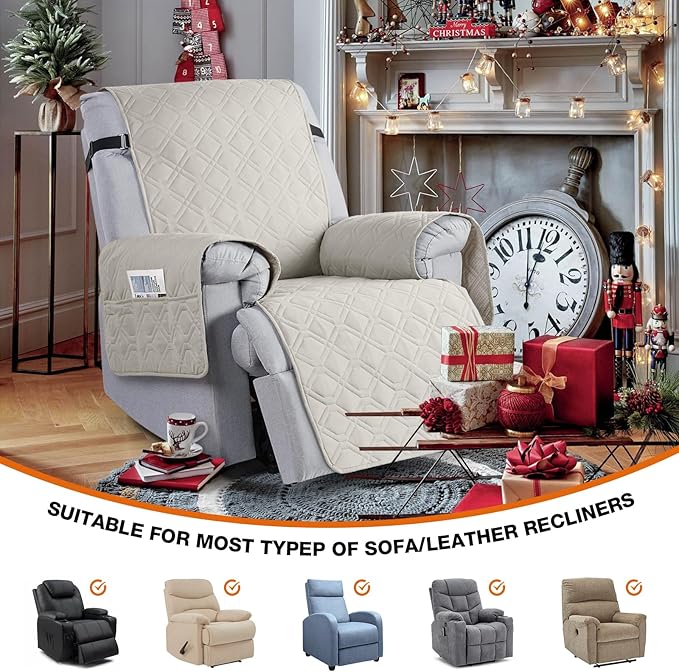 VANSOFY 100% Waterproof Recliner Chair Covers Washable, Beige, 25" | Non-Slip, Slipcover with Pocket, Furniture Protector, Elastic Straps, Chair Cover for Pets, Dogs - Image 5