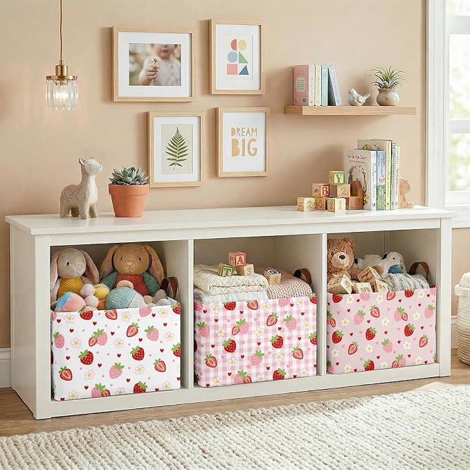 Britimes Strawberry Storage Baskets for Gifts, Toy Storage Bins Box, 3 Pcs | Cute Strawberry Canvas Collapsible Baskets Organizer with Handles Pink Nursery Decor Laundry Basket for Shelves Closet - Image 2