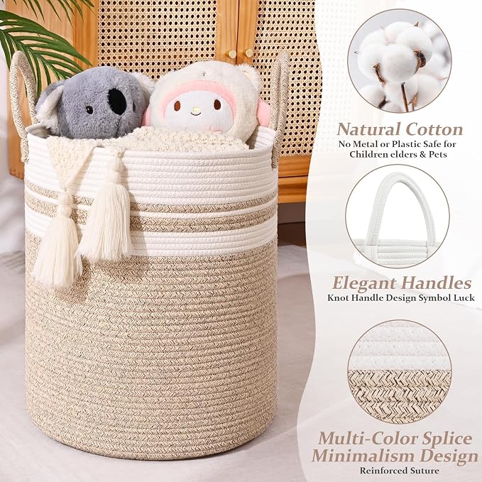 Laundry Hamper for Organizing, 52L Large Laundry Baskets, Cotton Rope Woven Blanket Basket, Collapsible Laundry Hamper for Living Room, Nursery, 15"×18", Jute - Image 3