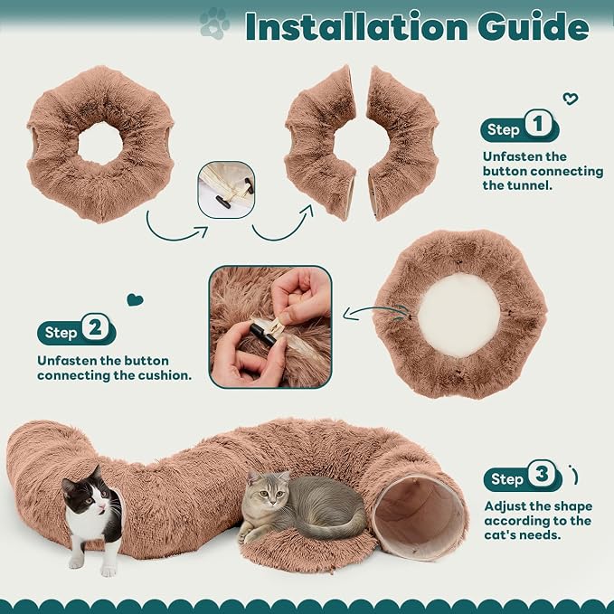 DUMOS Cat Tunnel Bed for Indoor Cats, Cave Donut Play Tunnel, Modern Brown | Soft Plush Peekaboo, Washable Circle Cushion, Multifunctional Playground Under Tree Toys for Kittens, Puppy, Rabbit, Ferret - Image 6