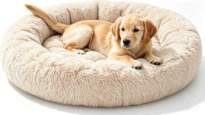 Calming Extra Large Donut Dog Bed, Anti-Anxiety Round Soft Fluffy Plush Faux Fur Washable Anti-Slip Pet Bed for Medium Dogs Up to 45 lbs 32in Light-Brown by Homeuslynn
