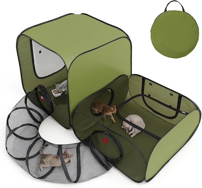 Cat Playpen, 3-in-1 Pop-up Outdoor Cat Enclosure, Green | 2 Rooms & Tunnel, Breathable Mesh, Carry Bag, Interactive Toys, Multi-Entry Doors, Indoor & Outdoor Use for small pets by Tivray