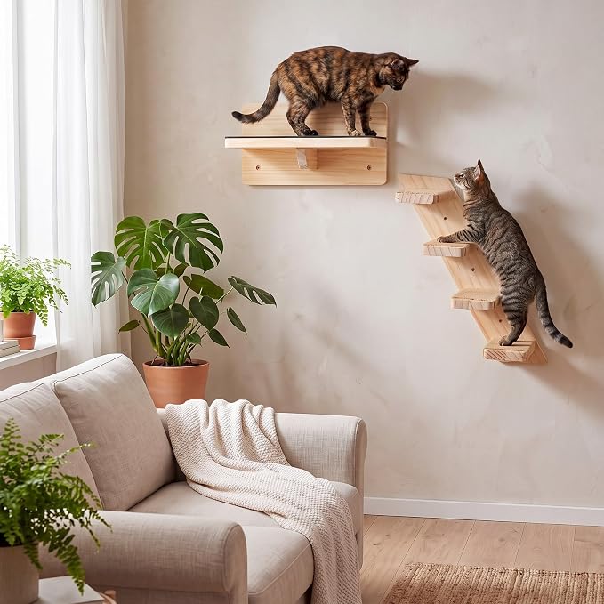 Nuanchu 2 Pack Cat Wall Shelves Stairs Steps Ladder with Hemp Rope | Cat Wall Mount Furniture, Kitten Wood Perch,Climbing System, 4 Step, Corner Shelf, Scratching, Fit Small to Medium Sized Pet - Image 6