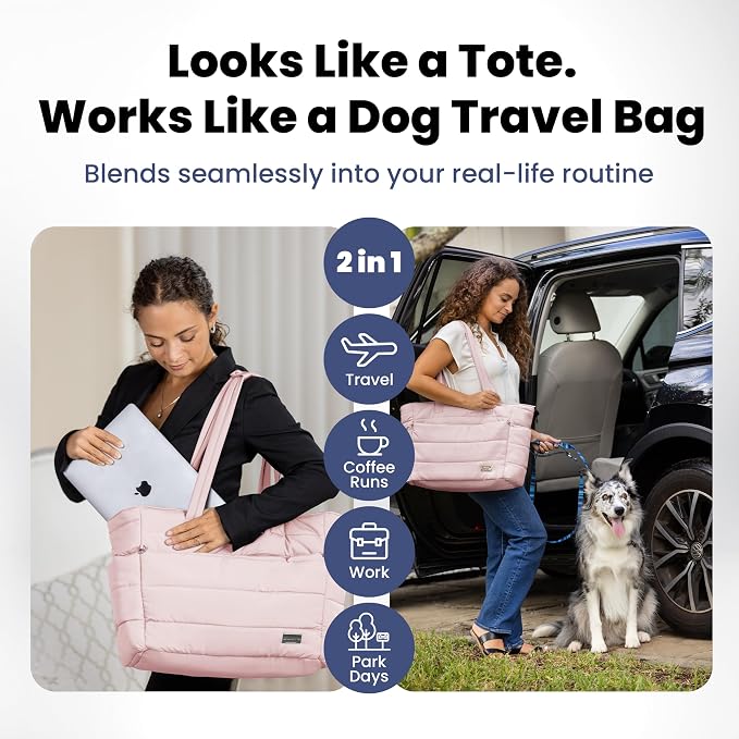 Rubyloo Puffer Dog Travel Bag for Dog Moms, Diaper Bag with Travel Bowls | 2 BPA-Free Collapsible Bowls, 2 Pet Food Containers, 9 Pockets, Everyday Puffer Bag Works With or Without Your Dog, Soft Pink - Image 2