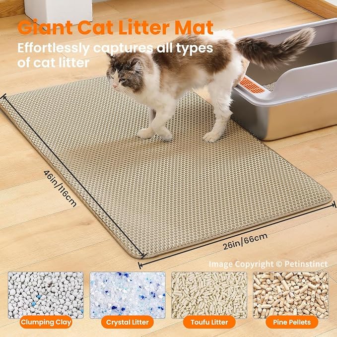 Extra Large Cat Litter Mat XXL, Double Layer Honeycomb, Beige | 46x26”, Reduces Litter Tracking, Easy to Clean, Waterproof, Non-Slip, Soft on Paws, Scratch Resistant, Beige, XXL - Image 2