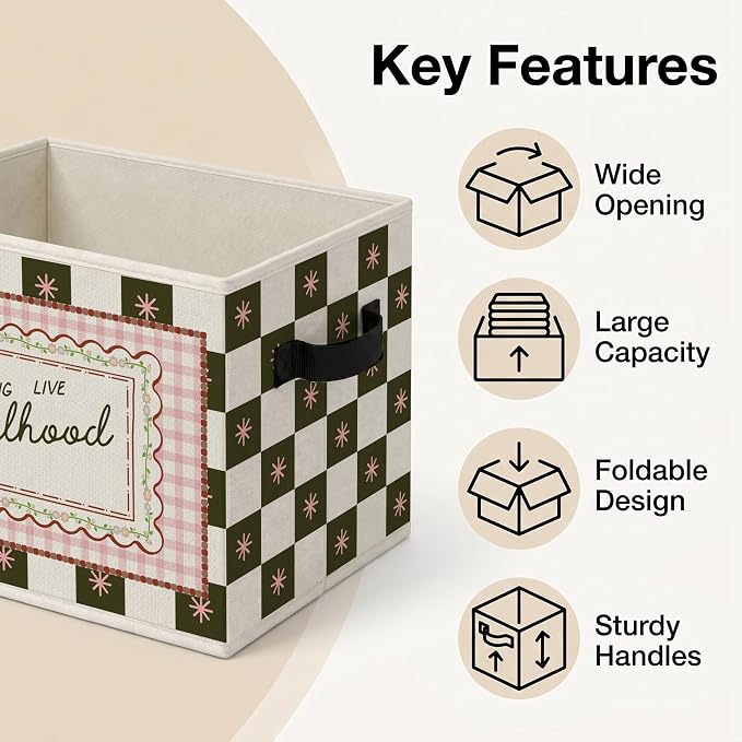 Girls Nursery Storage Bins Box, Sweet Positive Collapsible Organizer Basket | affirmative cheerful storage box basket for books clothes, pink gingham organizer for nursery bedroom playroom, 10x14 in - Image 4