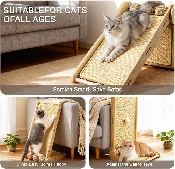 L-Shaped Sisal Cat Scratcher,Foldable Scratch Ramp for Indoor Cats | Foldable L-shaped sisal scratcher with solid wood base and toy ball to help protect sofas,walls and carpets from scratching - Image 4
