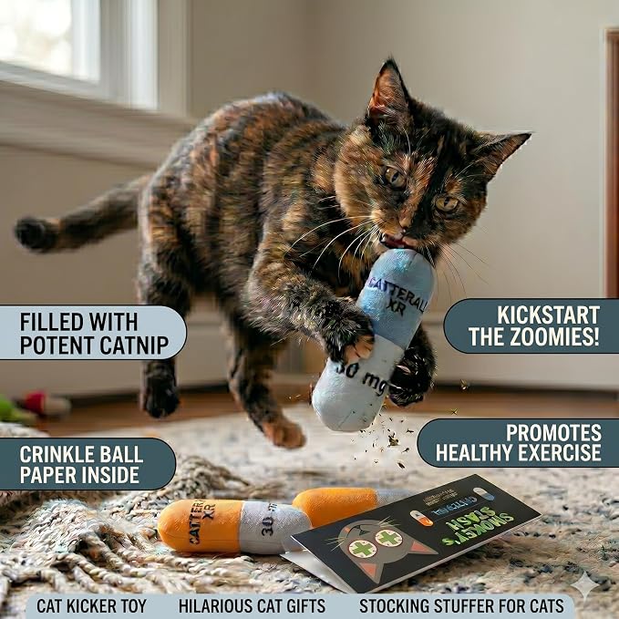 Smokey's Stash Catterall Catnip Toys – 4 Pack Plush Pill Toys with Potent Catnip & Crinkle Paper – Funny Parody Cat Toys for Indoor Cats & Kittens – Interactive Kicker Toys - Image 2