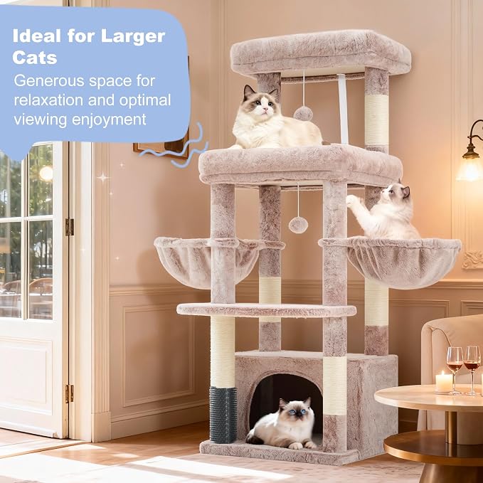 Hey-brother Cat Tree Tower with Extra Large Platform, Big Condo, MPJ070MU | 51.1 Inches Scratching Posts with 2 Cozy Hammocks, Self-Grooming Brush for Indoor Adult Cats, Maine Coon, Muchroom - Image 9
