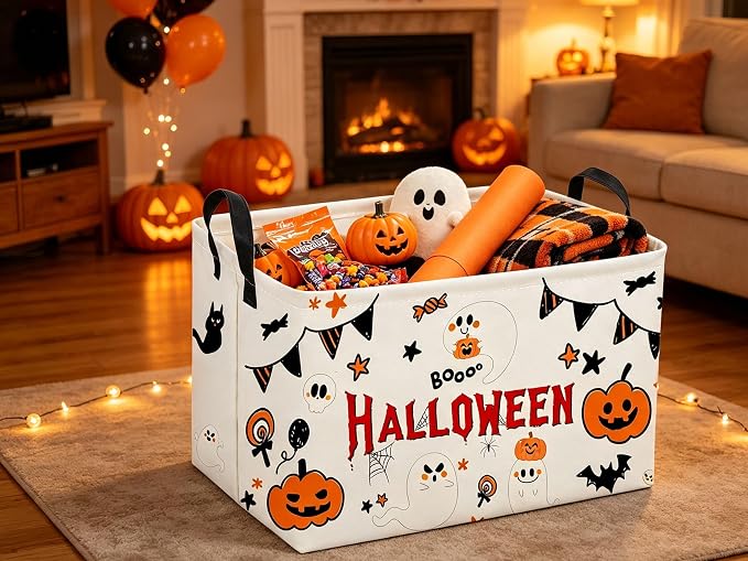 Sanjiaofeng Rectangular Halloween Ghost Storage Basket,Halloween Basket.Cute Baskets for Room Decor, Pumpkin Baskets with Handles.Books Bins,Gifts Box(White Ghost) - Image 3