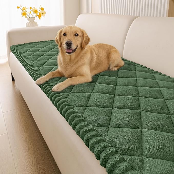 Smiry Non Slip Couch Cover for Dogs, Fuzzy Plush Pet Sofa Protector | Washable Furniture Cover for Large Dogs & Cats, Scratch & Dirt Resistant, For 3 Cushion Couch, Green, 27.6"x88" by Smiry