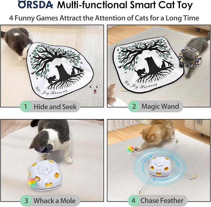 ORSDA Cat Toys for Indoor Cats 4 in 1 Interactive Automatic Cat Toys for Bored Indoor Adult Cats Kitten Toy Rechargeable 8 Hole Mice Whack-A-Mole, Hide and Seek, Moving Feather, 5PCS DIY Replacement - Image 2