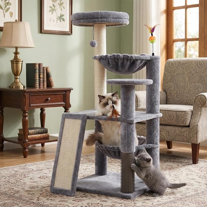 Multi-Level Cat Tree for Indoor Cats, Cat Tree Tower with Big Cat Hammock and Self-Grooming Brush, Cat Tower with Scratch Ladder, Indoor Climbing Activity Tower with Scratching Posts, Grey - Image 7
