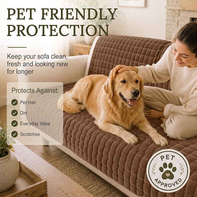 Smiry Velvet Couch Cover for Dogs, Non Slip Soft Sofa Protector for Pets | Washable Sofa Cover for Cats, Cozy Furniture Protector Against Pet Hair, Scratches, Fits Sectional Sofa(Brown, 36"x94.5") - Image 6