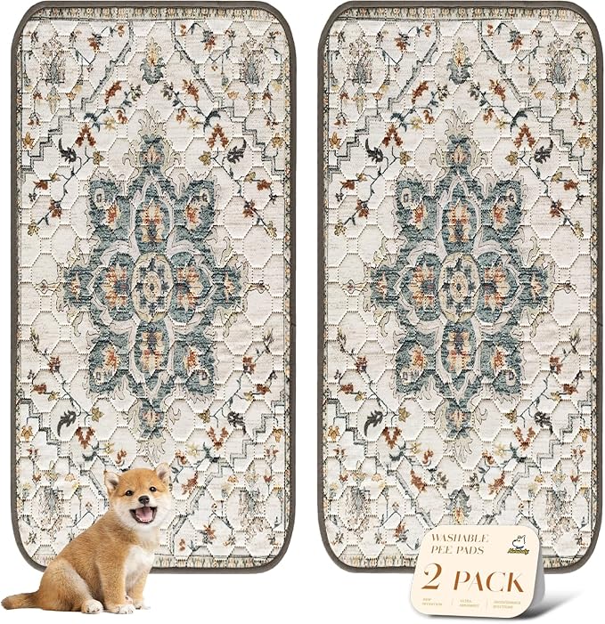 nunubaby Washable Pee Pads for Dogs, Stylish, Non-Slip and Leak-Proof Pee Pads. Reusable Potty Pads for Dogs for Crates and Floors.(Beige/Floral, 36" x72") by Nunubaby