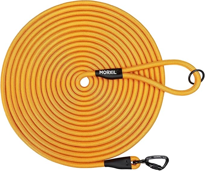 Long Dog Leash, 10ft 30ft 50 feet Heavy Duty Dog Training Leash, Aviation Aluminum Auto Locking Carabiner, Nylon Rope Long Line Check Cord Recall Lead for Yard,Playing,Camping,Yellow,10FT by MORXIL