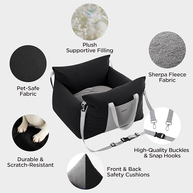 Lesure Dog Car Seat for Small Dogs,Booster Car Bed for Puppy Under 25lbs | Soft Pet Carseat with Clip-On Safety Leash and Thickened Memory Foam Filling,Dog Travel Carrier Bed with Storage Pocket,Black - Image 4